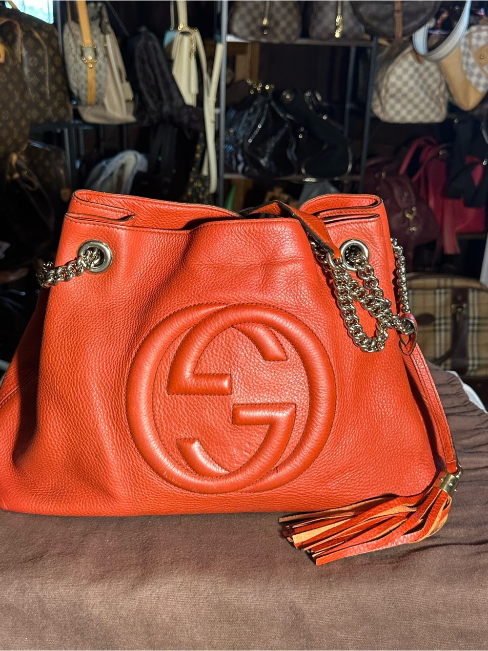 Gucci Orange Pebbled Leather Shoulder Bag with Chain and Tassel
